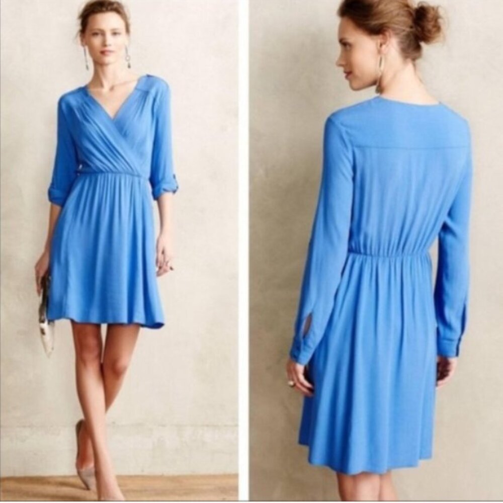 Anthropologie Maeve Lene blue crepe faux wrap mini‎ dress XS